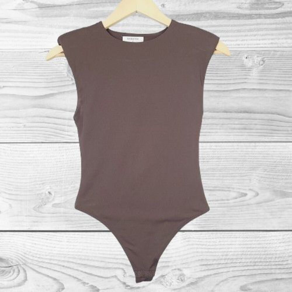 Babaton Thong Bodysuit S Brown Stretch Knit Cap Sleeve Padded Shoulder Fitted‎